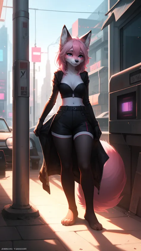 cyberpunk fox, beautiful light and shadow on a beautiful face with light pink hair、ambientebeleuchtung am strand、ultra-fine fur、...