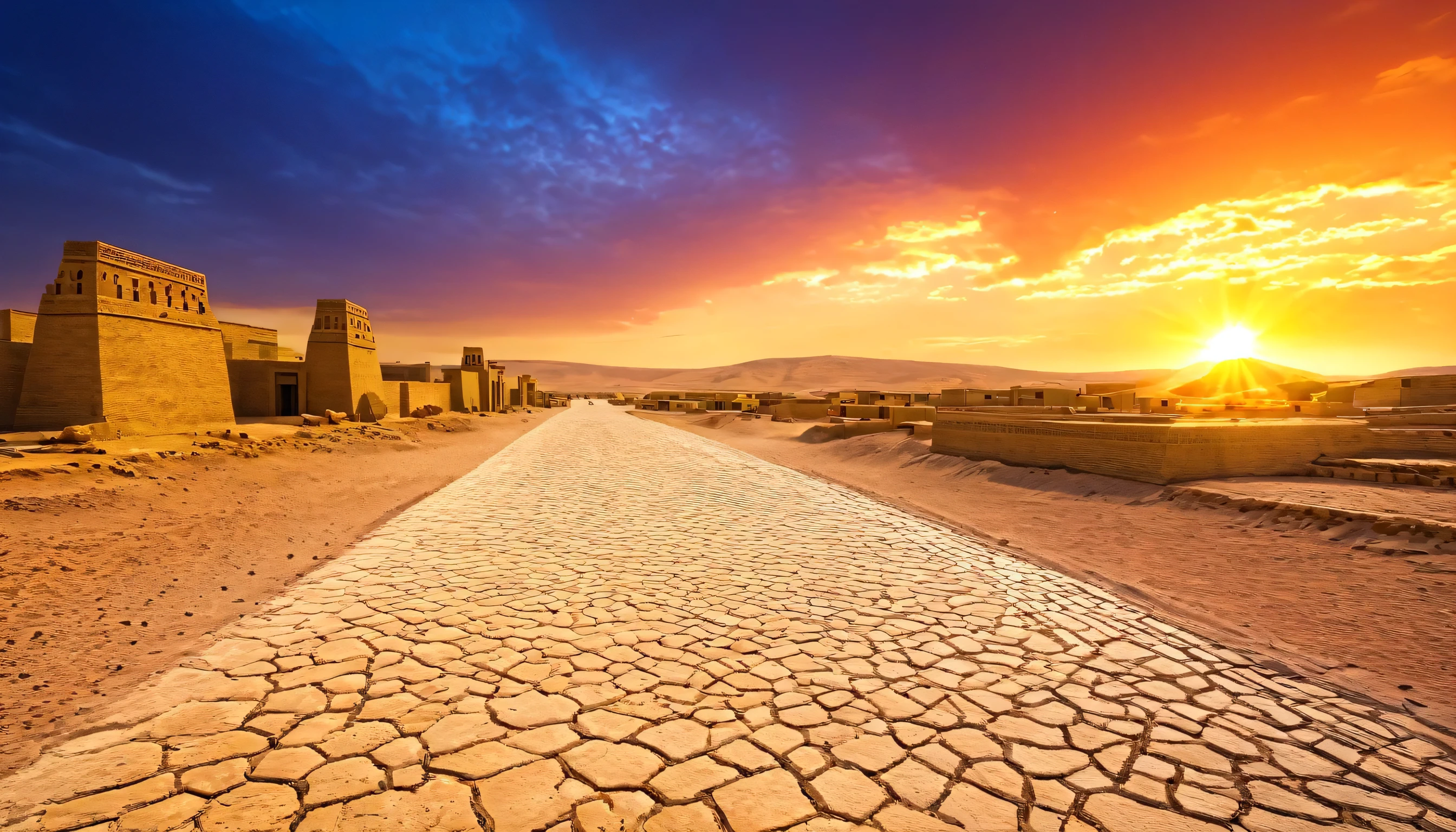 ancient Sumerian City, scenery, beautiful sky, sunset, outdoors, desert, buildings, cloudy sky, road