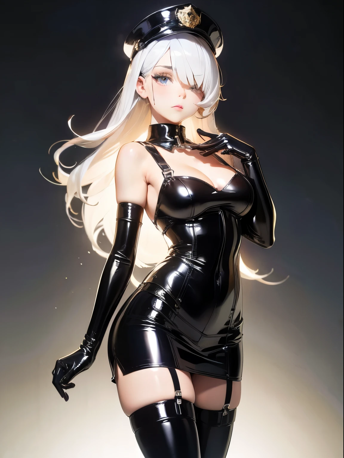 ((Best quality)), ((masterpiece)), (detailed), perfect face, (latex corset with white fabric on the chest), (latex clothes), ((latex stockings with suspenders)), (long white hair), (black long latex gloves), (full height), (standing sexy pose), (hands on chest), ((black platform high heel shoes)) , ((black latex officer&#39;s cap on his head)), ((closed chest 3 sizes)), (a slim body), ((short latex school miniskirt)), (stern look), (serious face), (Knees together), (bangs covering one eye), (open shoulders), (adult girl), (Beautiful detailed eyes)