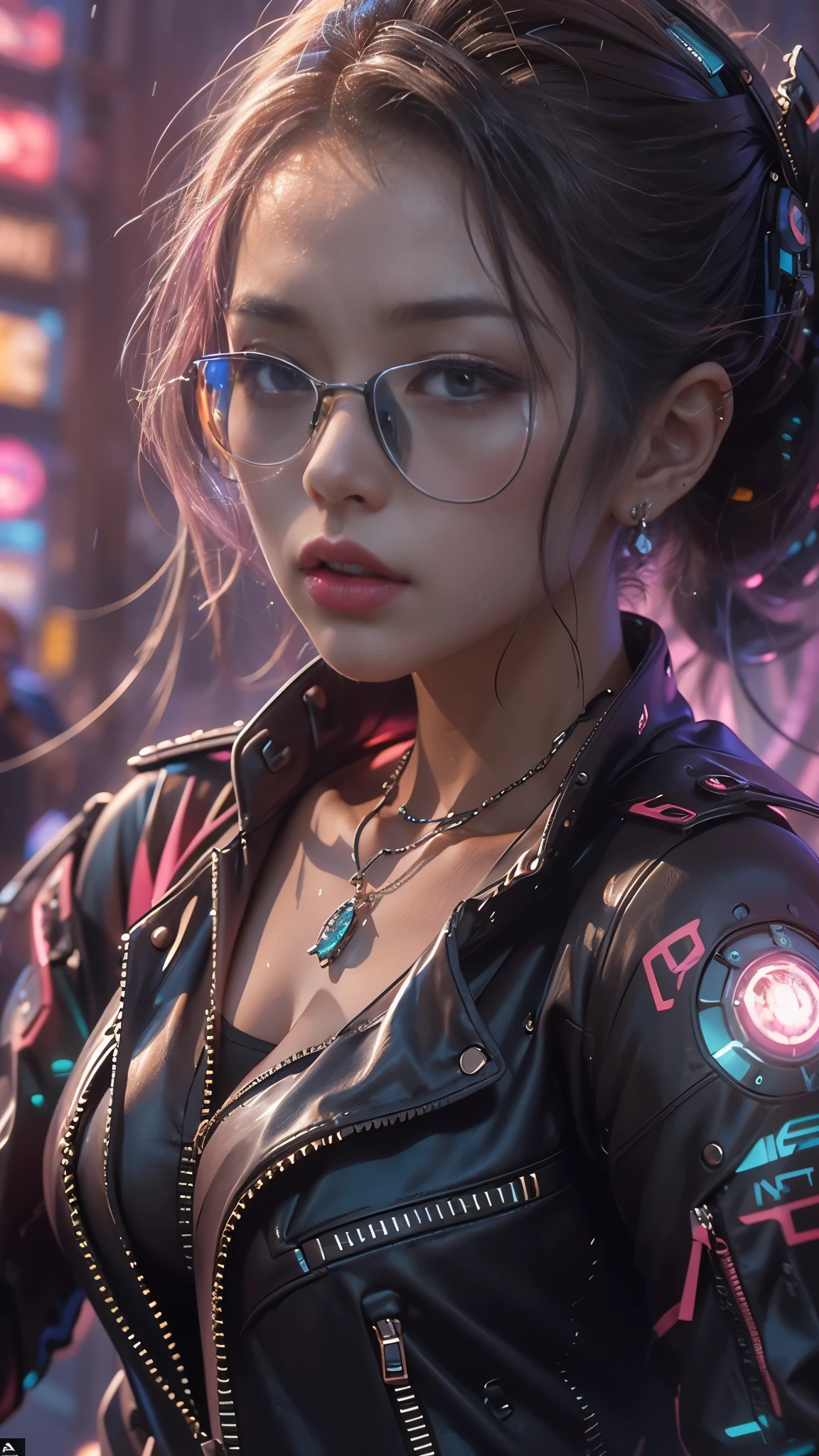 (Realistic:1.3, 16K, highest quality, masterpiece, Ultra-high resolution), ((light rain, From below)), Perfect dynamic composition:1.2, (Modern futuristic city at night, Expressions of sadness:0.5, Driving a motorcycle), Highly detailed skin and facial textures:1.2, Young Japanese Woman, Incredibly slim body, Fair skin, Sexy beauty, Very beautiful face, beautifully、aesthetic, (Pink tight skirt, Wear cyberpunk clothes), (Shapely breasts, Chest gap), (Big eyes that exude beautiful eroticism, Lips that exude beautiful eroticism), necklace, Earrings, bracelet, wedding ring, Shoulder bag, clock, sunglasses, motorcycle, Cowboy Shot