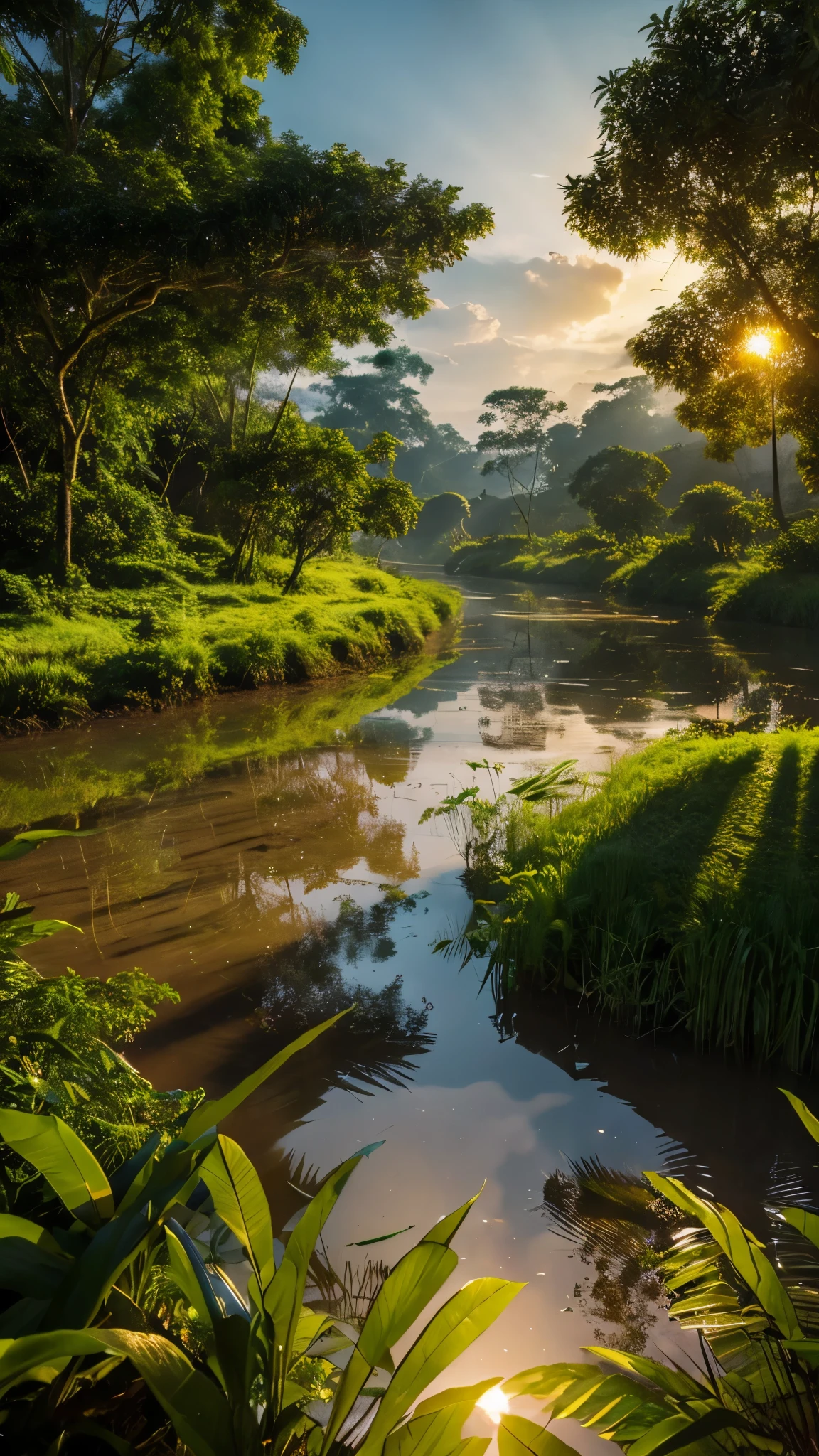 Darstellung eines geheimnisvollen Flusses im Amazonas-Regenwald、Ultrarealistisches und detailreiches Meisterwerk, Mit der untergehenden Sonne, 