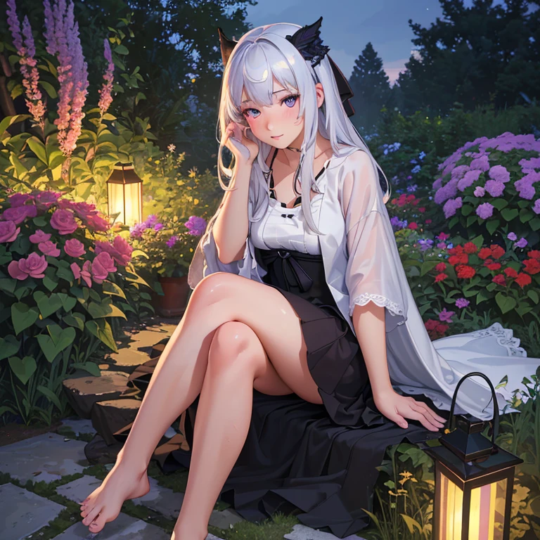 (best quality,4k,8k,highres,masterpiece:1.2),ultra-detailed,(realistic,photorealistic,photo-realistic:1.37),illustration,soft lighting,a girl with white hair,deep purple eyes,glowing eyes,sitting down,barefoot,face blushing,in a garden at night,flowers.