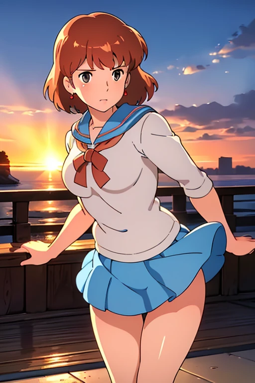 (masterpiece, highest quality, High resolution, Anime screenshots, Anime Color, 8k, Realistic), High School Girl Nausicaa, very cute, beautiful girl, clear, , alone, Brown Hair, short hair, Red Gem Earrings, Excitement, Shining eyes, (Looking at the audience), Perfect body, Cleavage, (High School Girl Uniform, mini skirt), Perfect beauty, School classroom, (Perfectly detailed anatomy, Beautiful and elaborate face&eye:1.5, Shiny skin, Perfect body)、White underwear、I want to see the whole body