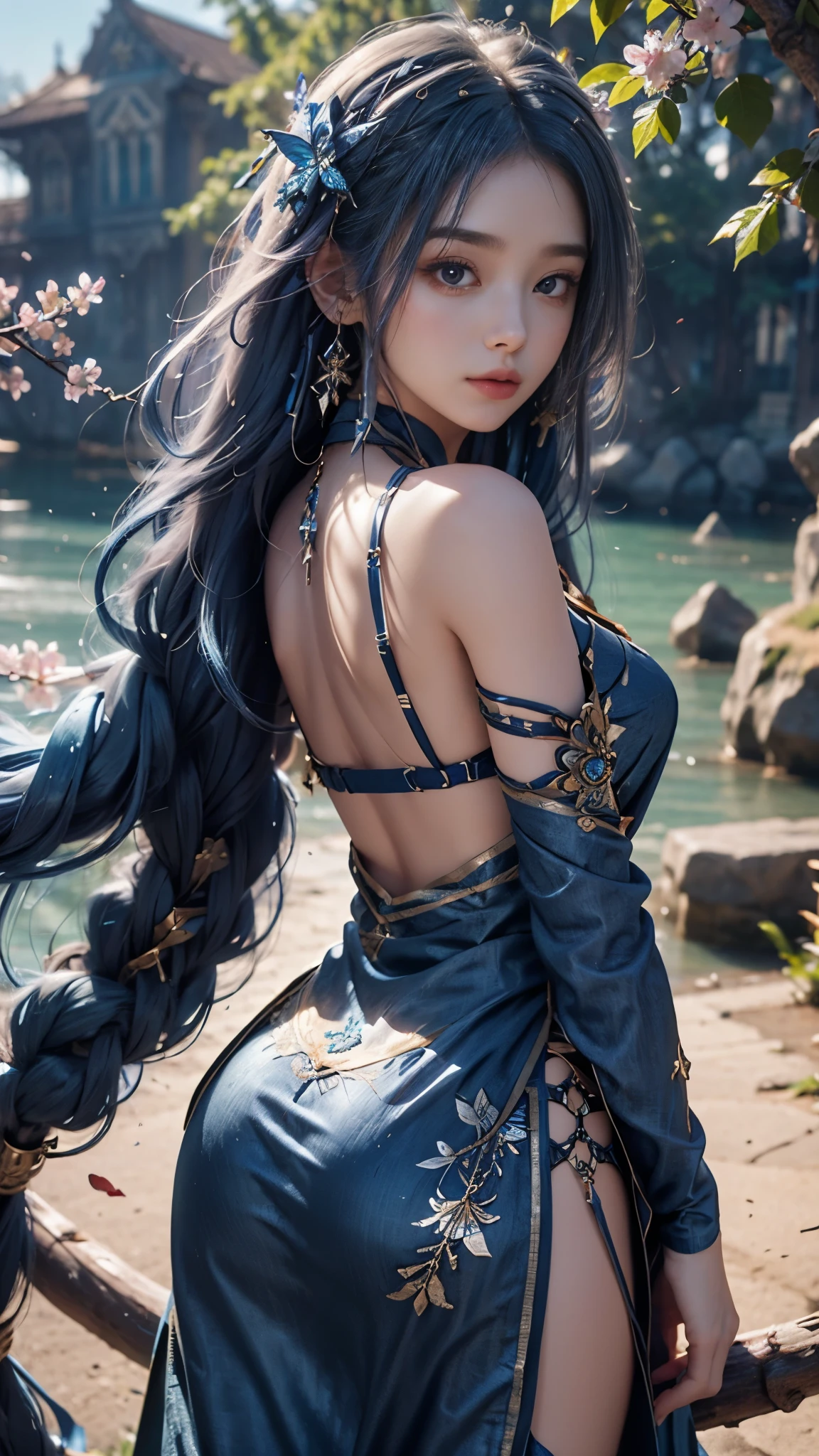 8K, ultra hd, masterpiece, hd colors, 1 girl, perfect face, very long curly hair, detailed eyes, Metallic clothing, ((indigo clothing:1.5)), stocking, ((criss-cross lace)), long sardine, straps, Pendant, net clothing, loops, cape, bare waist, jwellery, ornaments, waterside, Realistic scenery, epic scenery, sun rising, evening, clouds, Butterfly, cherry blossom, flowing wind, back pose,