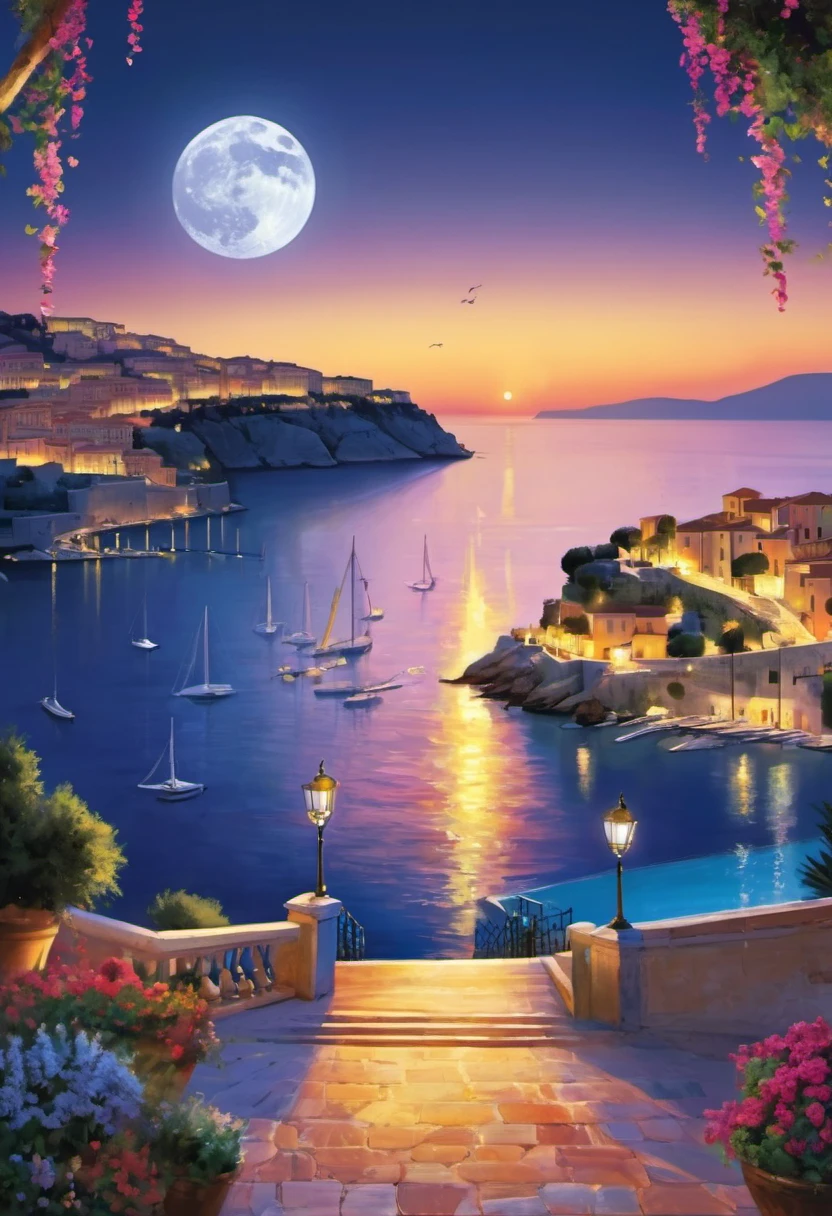 (Magazine cover :1.2),(masterpiece, best quality:1.2),Romantic Aegean Sea，(French Riviera:1.3)，night，Backlight，(1对情侣坐在French Riviera的树枝上:1.4)，There is a full moon behind，Alexander，repeat，Fresh colors，Soft colors，Diode lamp，Concept art style，Extremely complex details，Clear distinction between light and dark，layered，Ultra HD