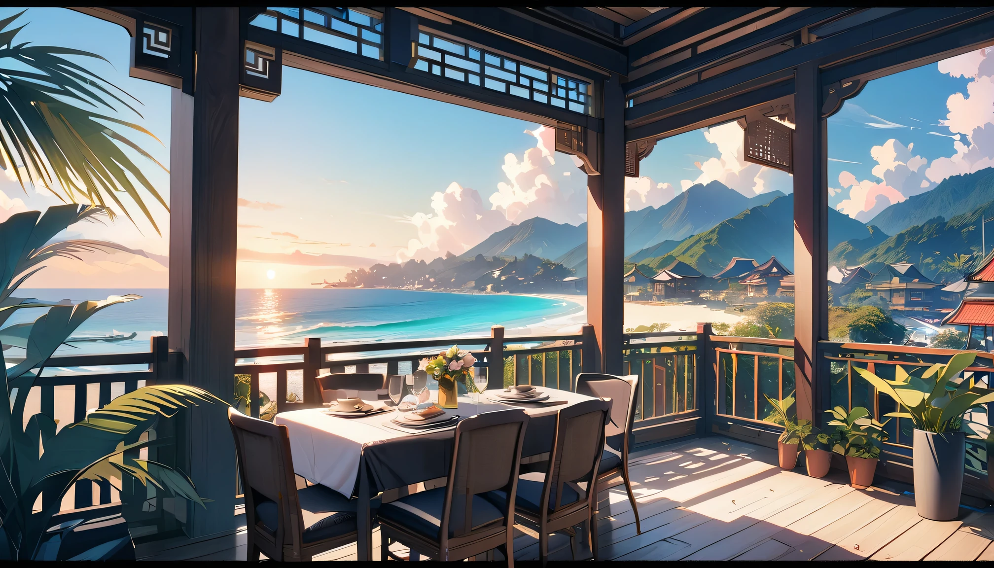 Best quality，4k，masterpiece，Beautiful blue coast landscape，Traditional Chinese wooden buildings near the beach，ornate carvings，Exquisite lattice windows，Peaceful atmosphere，Tranquil sea breeze，Sunlight，plant，Vibrant colors，Natural and architectural，A fusion of traditional and modern elements，Golden sand，Peaceful beach，natural beauty，Timeless elegance，Unique charm