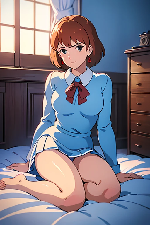 (masterpiece, highest quality, High resolution, Anime screenshots, Anime Color, 8k, Realistic), High School Girl Nausicaa, very cute, beautiful girl, clear, , alone, Brown Hair, short hair, Red Gem Earrings, Excitement, Shining eyes, (Looking at the audience), Perfect body, Cleavage, (High School Girl Uniform, mini skirt), Perfect beauty, School classroom, (Perfectly detailed anatomy, Beautiful and elaborate face&eye:1.5, Shiny skin, Perfect body)、White underwear、I want to see the whole body