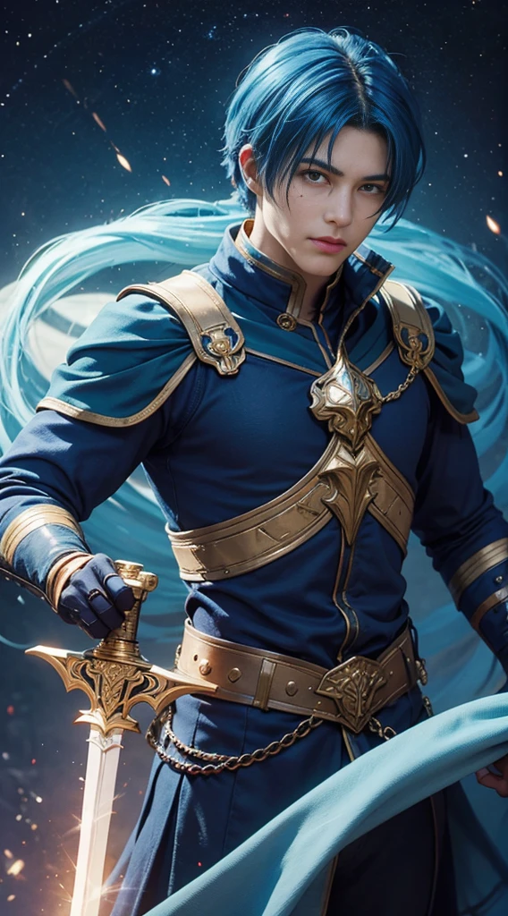 8k, best quality, highres, realistic, real person, A heroic character with silky blue bobbed hair, holding a legendary sword. The hero is narcissistic and smirking, with a mole on their cheek, embodying a unique blend of charm and confidence. The hero's attire is a combination of classic hero garb and stylish modern elements. The sword is intricately designed, shining with magical energy. The background reflects a grand adventure, with a sense of epic fantasy and heroism.