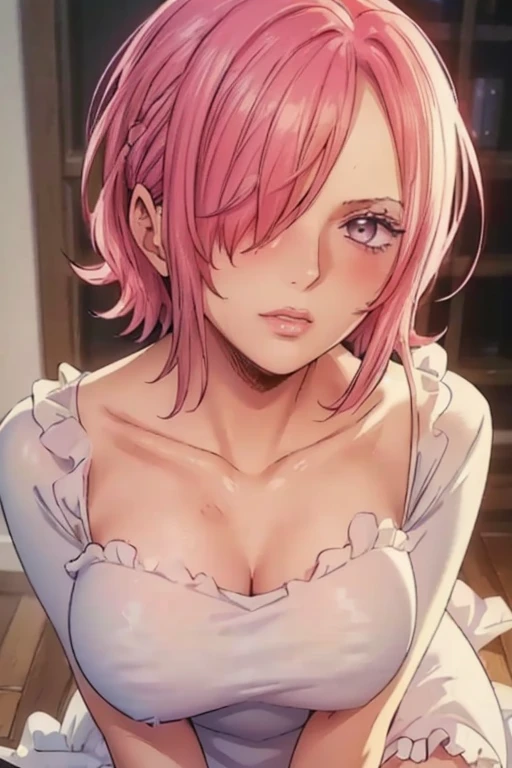 (((masterpiece))), (((best quality))), ((ultra-detailed)), (highly detailed CG illustration), vinsmoke reiju, , (masterpiece:1.5), Detailed Photo, Sexy, (Best Quality: 1.4), (1girl), Beautiful Face, (Pink Hair, short Hair: 1.3), Beautiful Hairstyle, beautiful detail eyes, (realistic skin), beautiful skin, absurd, attractive, ultra high resolution, high definition, (sexually aroused:1.5), Pinkish white skin, cool white light, sexy pose, Beautiful , white background, pink soft white light, Wear a white dress, (Hair covering right eye: 1.5), 