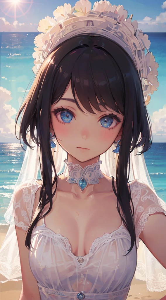 art by Cornflower, dready (A  girl with beautiful detailed eyes. The depth of field in the photo is perfect and the lens flare adds a nice touch. The fine details on her face really stand out, score because of this photo Definitely greater than 10. In the background, there is a beautiful ocean with clear water and water droplets on the surface