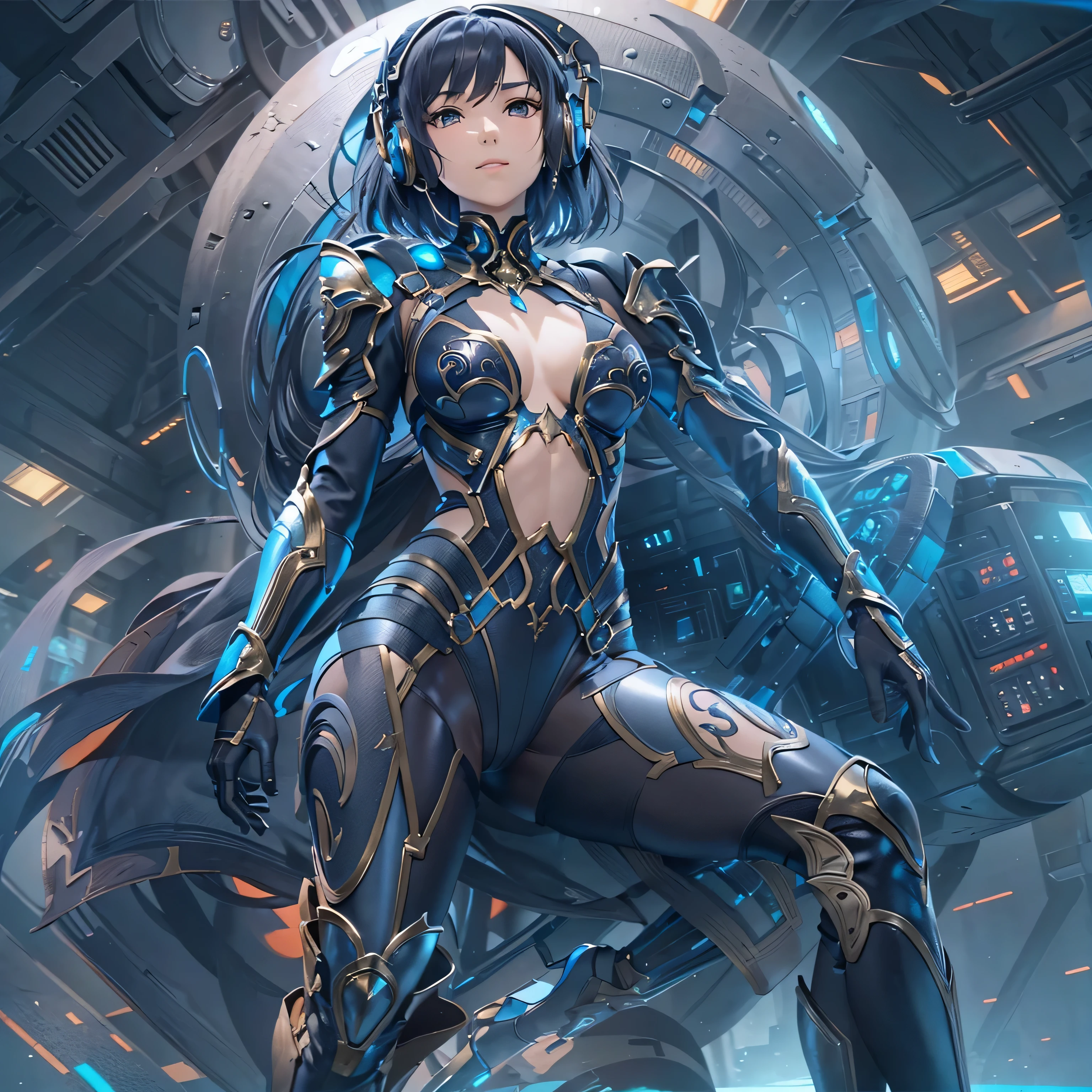 (masterpiece、highest quality、Highest Resolution、Clear_image、Detailed details、Angle from above): (Whole body、One 20 year old girl、Japanese Faces、Small Face、Slender、Navy blue super short bob cut hair、(Hidden small breasts:1.3)、Sparkling blue eyes、Shiny pilot suit in blue and black colors、Chest protection armor、Tight fitting clothes、Clothing that covers the whole body、Glamorous clothes、Tight Fit Pants、Hide your skin、Very delicate and beautiful、Detailed Skin、hide thighs、Hide your ass、Cute、A gentle smile、Soft expression、heroine、headset、Knee-high boots、Elbow-length gloves、Eye Level Shot、Face directly、Woman on a spaceship)