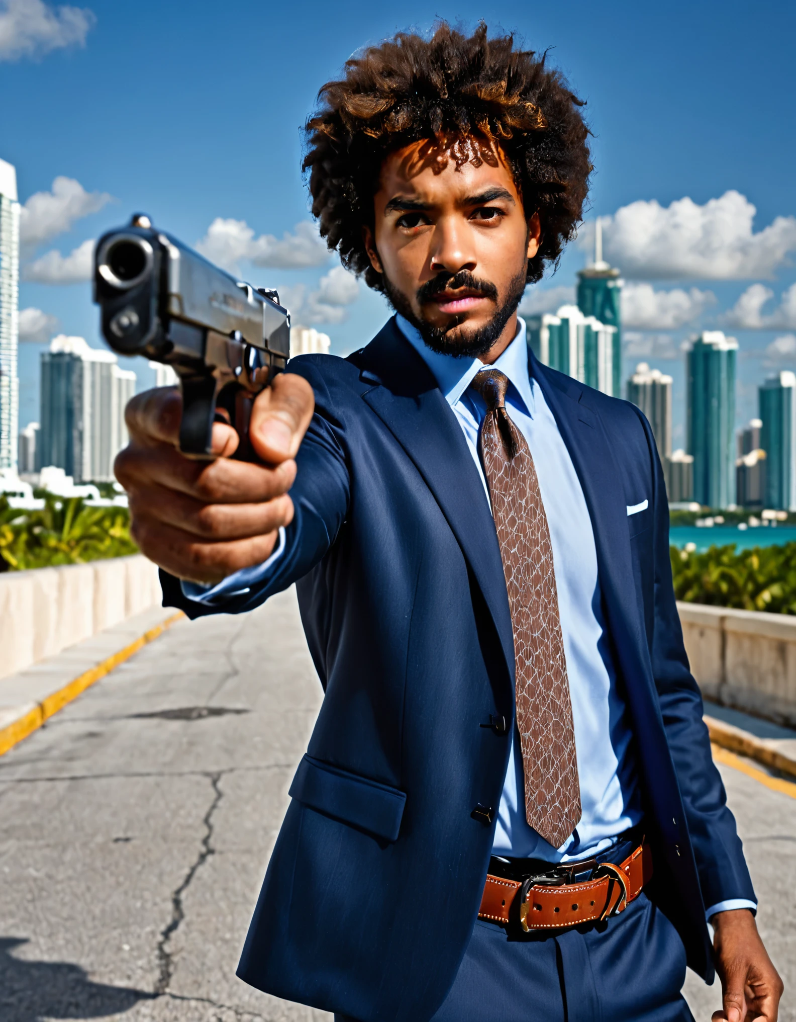 ((masterpiece)), ((best quality)), ((high res)), 1boy, 1man, solo, solo focus, age 30, african-american, brown skin, beard, belt, brown_eyes, brown_hair, large afro, facial_hair, finger_on_trigger, gun, handgun, holding, holding_gun, holding_weapon, jacket, male_focus, mustache, necktie, pistol, pointing pistol, Smith and Wesson 659, light blue shirt, solo, stubble, trigger_discipline, watch, weapon, wristwatch, full body with costume, miami backdrop, dark blue suit and tie