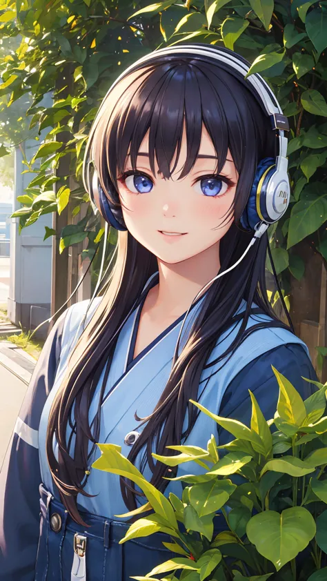 (One girl:1.4), very cute, Great face and eyes、Beautiful lovely smile), (Very detailed美しい顔), bright shining lips, (Headphones:1....