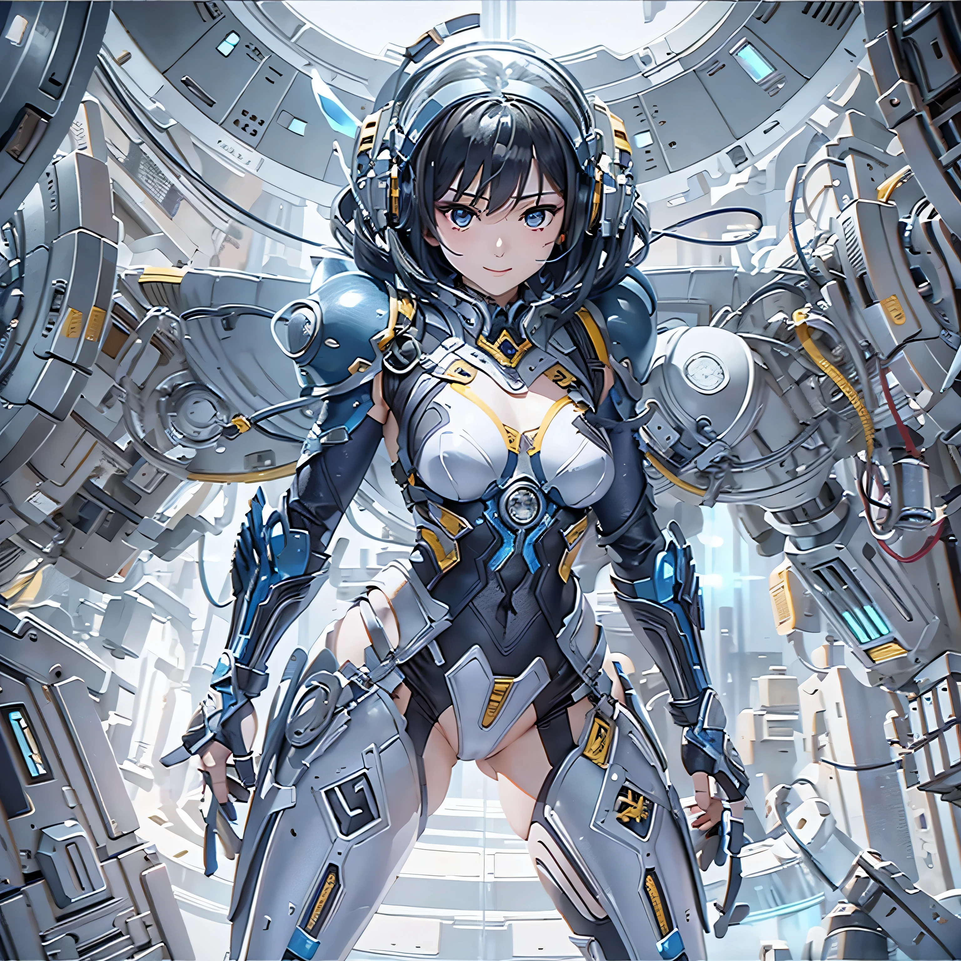 (masterpiece、highest quality、Highest Resolution、Clear_image、Detailed details、Angle from above): (Whole body、One 20 year old girl、Japanese Faces、Small Face、Slender、Navy blue super short bob cut hair、(Hidden small breasts:1.3)、Sparkling blue eyes、Shiny pilot suit in blue and black colors、Chest protection armor、Tight fitting clothes、Clothing that covers the whole body、Glamorous clothes、Tight Fit Pants、Hide your skin、Very delicate and beautiful、Detailed Skin、hide thighs、Hide your ass、Cute、A gentle smile、Soft expression、heroine、headset、Knee-high boots、Elbow-length gloves、Eye Level Shot、Face directly、Woman on a spaceship)