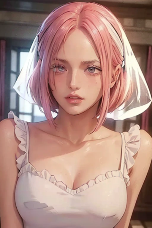 (((masterpiece))), (((best quality))), ((ultra-detailed)), (highly detailed CG illustration), vinsmoke reiju, , (masterpiece:1.5), Detailed Photo, Sexy, (Best Quality: 1.4), (1girl), Beautiful Face, (Pink Hair, short Hair: 1.3), Beautiful Hairstyle, beautiful detail eyes, (realistic skin), beautiful skin, absurd, attractive, ultra high resolution, high definition, (sexually aroused:1.5), Pinkish white skin, cool white light, sexy pose, Beautiful , white background, pink soft white light, Wear a white dress, (Hair covering right eye: 1.5), 