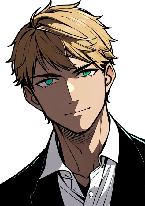 One young Adult male, brownish tanned skin, handsome, dirty blonde short hair, green eyes, confident yet kind expression, smug s...