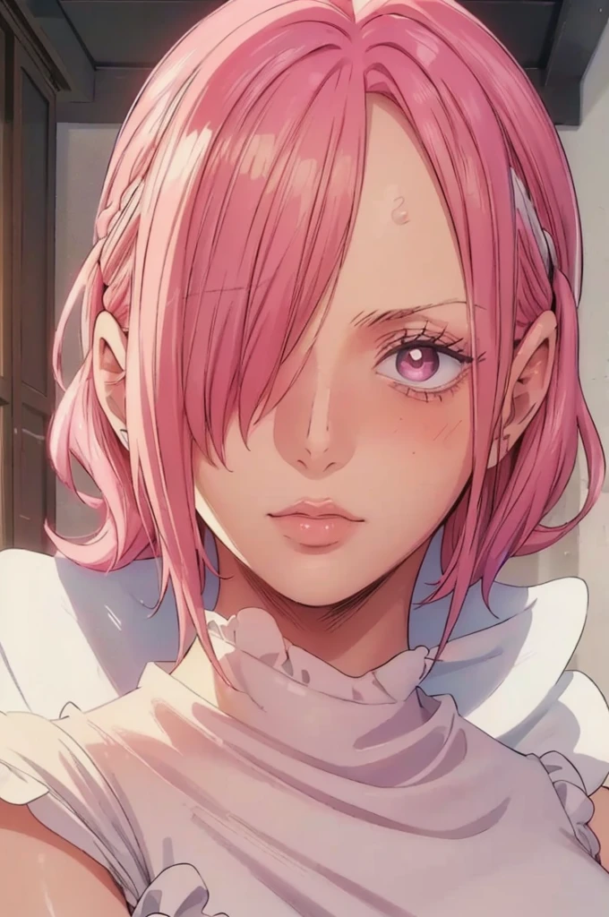 (((masterpiece))), (((best quality))), ((ultra-detailed)), (highly detailed CG illustration), vinsmoke reiju, , (masterpiece:1.5), Detailed Photo, Sexy, (Best Quality: 1.4), (1girl), Beautiful Face, (Pink Hair, short Hair: 1.3), Beautiful Hairstyle, beautiful detail eyes, (realistic skin), beautiful skin, absurd, attractive, ultra high resolution, high definition, (sexually aroused:1.5), Pinkish white skin, cool white light, sexy pose, Beautiful , white background, pink soft white light, Wear a white dress, (Hair covering right eye:1.5), lovely face