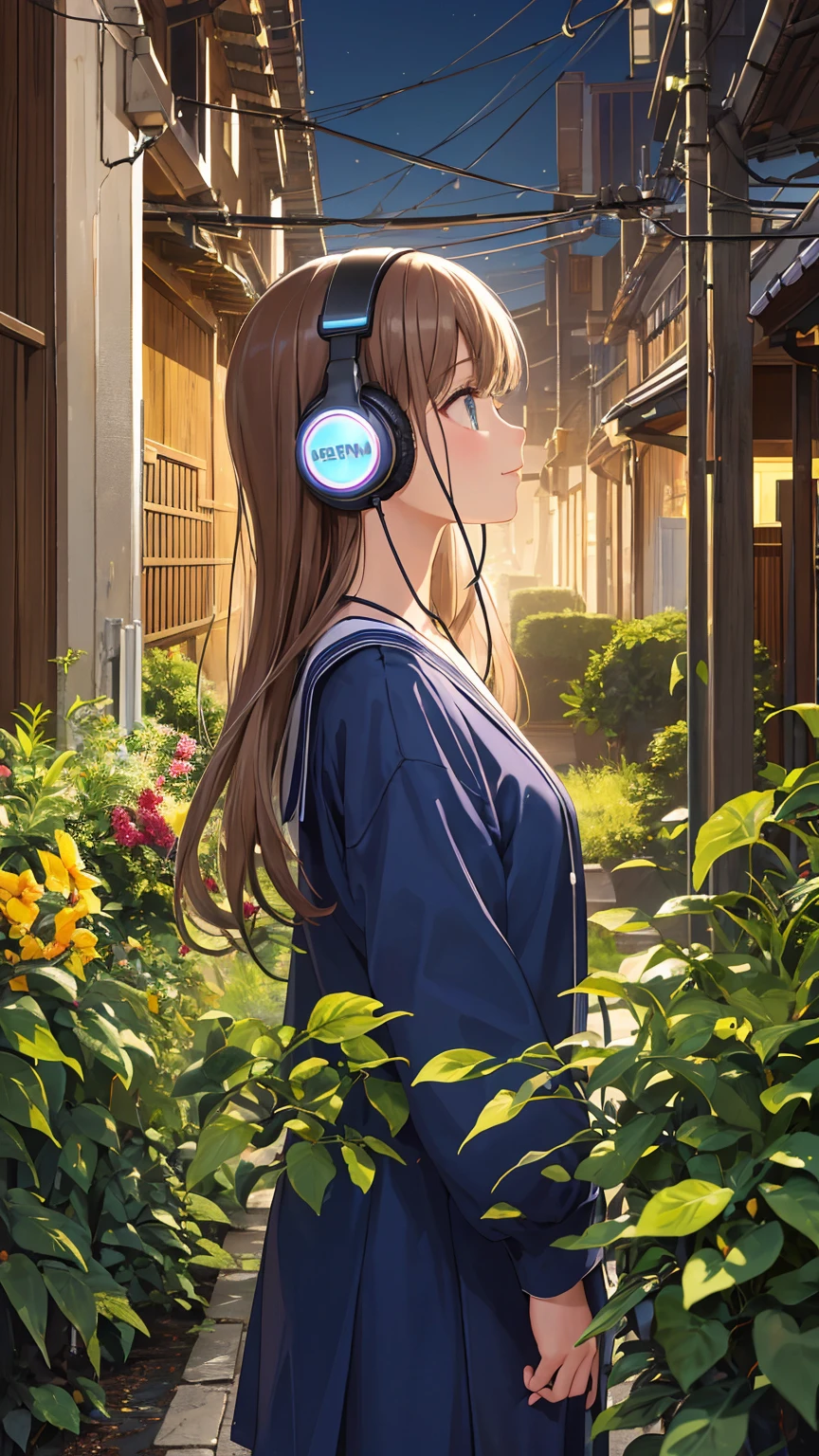 (One girl:1.4), very cute, Great face and eyes、Beautiful lovely smile), (Very detailed美しい顔), bright shining lips, (Headphones、profile:1.3), (highest quality:1.4), (super high quality), (Very detailed), (Surreal, Photorealistic:1.37), Real skin texture, Intricate details, Very detailed CG 統合 8k 壁紙, RAW Photos, Professional photography, Cinema Lighting, Expose、Fantastic Tokyo、garden、Late Night、chill out、City Pop、Retro、Sepia、Walking sideways，Oil paint