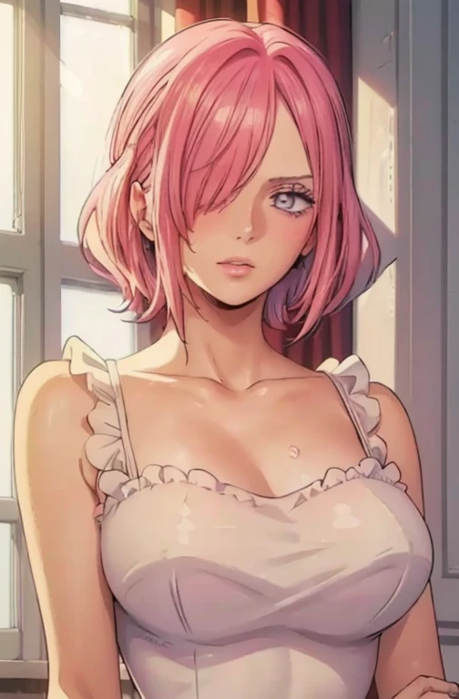 (((masterpiece))), (((best quality))), ((ultra-detailed)), (highly detailed CG illustration), vinsmoke reiju, , (masterpiece:1.5), Detailed Photo, Sexy, (Best Quality: 1.4), (1girl), Beautiful Face, (Pink Hair, short Hair: 1.3), Beautiful Hairstyle, beautiful detail eyes, (realistic skin), beautiful skin, absurd, attractive, ultra high resolution, high definition, (sexually aroused:1.5), Pinkish white skin, cool white light, sexy pose, Beautiful , white background, pink soft white light, Wear a white dress, (Hair covering right eye:1.5), 