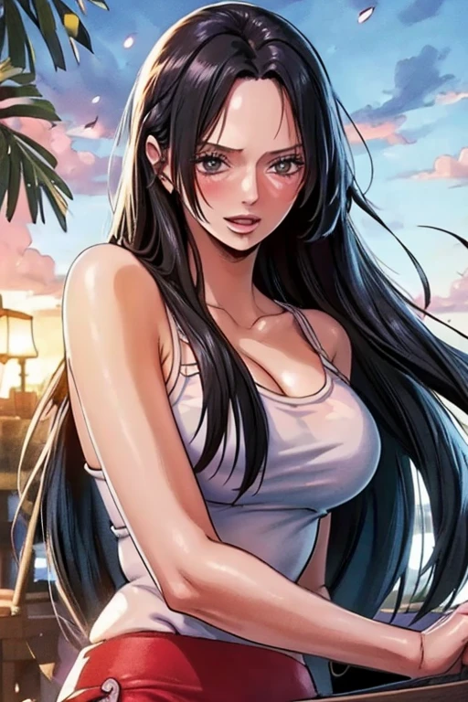 (((masterpiece))), (((best quality))), ((ultra-detailed)), (highly detailed CG illustration), Boa Hancock, (masterpiece:1.5), Detailed Photo, Sexy, (Best Quality: 1.4), (1girl), Beautiful Face, (Black Hair, long Hair: 1.3), Beautiful Hairstyle, beautiful detail eyes, (realistic skin), beautiful skin, absurd, attractive, ultra high resolution, high definition, (sexually aroused:1.5), Pinkish white skin, cool white light, sexy pose, Beautiful , white background, pink soft white light, Wear a white tank top, 