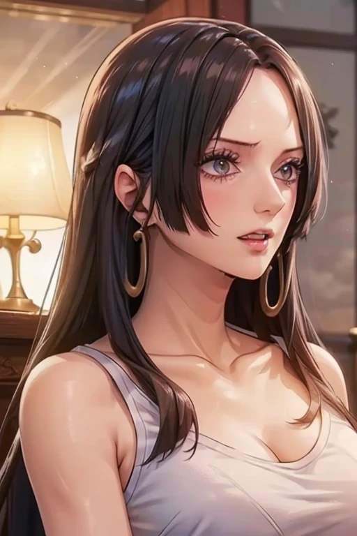 (((masterpiece))), (((best quality))), ((ultra-detailed)), (highly detailed CG illustration), Boa Hancock, (masterpiece:1.5), Detailed Photo, Sexy, (Best Quality: 1.4), (1girl), Beautiful Face, (Black Hair, long Hair: 1.3), Beautiful Hairstyle, beautiful detail eyes, (realistic skin), beautiful skin, absurd, attractive, ultra high resolution, high definition, (sexually aroused:1.5), Pinkish white skin, cool white light, sexy pose, Beautiful , white background, pink soft white light, Wear a white tank top, 