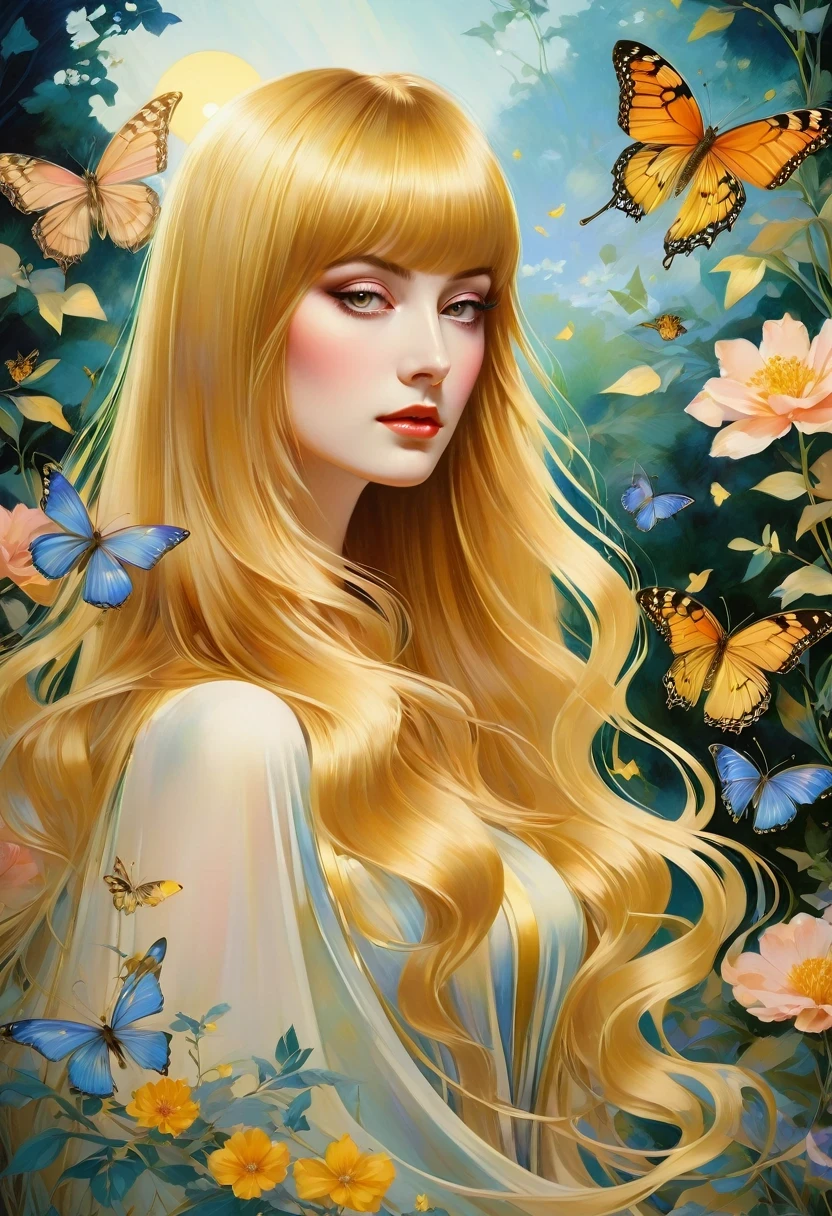 chiaroscuro technique on sensual illustration of an elegant queen (((long hair with bangs:1.4、Beautiful bangs) , vintage ,silky dress, matte painting, by John Singer Sargent, by Harumi Hironaka, abstract background, (upper body:1.5), (highres:1.2,realistic:1.37),Girl in a magical garden, fairytale atmosphere, beautiful detailed eyes, long flowing hair, vibrant flowers, butterflies fluttering around, golden rays of sunlight, soft and dreamy color palette, whimsical lighting, enchanting scenery, fantasy ambiance, surreal elements, ethereal beauty.