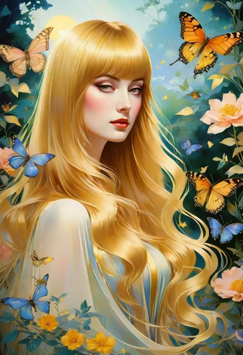 chiaroscuro technique on sensual illustration of an elegant queen (((long hair with bangs:1.4、Beautiful bangs) , vintage ,silky ...