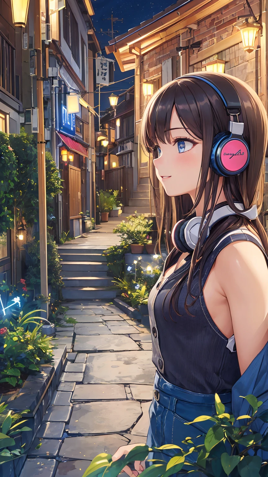 (One girl:1.4), very cute, Great face and eyes、Beautiful lovely smile), (Very detailed美しい顔), bright shining lips, (Headphones、profile:1.3), (highest quality:1.4), (super high quality), (Very detailed), (Surreal, Photorealistic:1.37), Real skin texture, Intricate details, Very detailed CG 統合 8k 壁紙, RAW Photos, Professional photography, Cinema Lighting, Expose、Fantastic Tokyo、garden、Late Night、chill out、City Pop、Retro、Sepia、Listening to music while walking，Oil paint、whole body