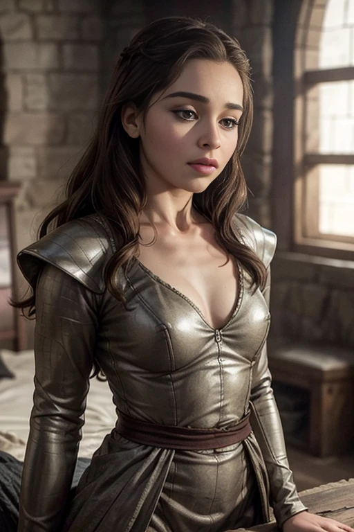 score_9, score_8_up, score_7_up, score_6_up, score_5_up, 1girl, Emilia Clarke, Game of Thrones, tight dress, exposed midriff, cleavage, brown hair, brown eyes, (insanely detailed, beautiful detailed face, masterpiece, best quality) 