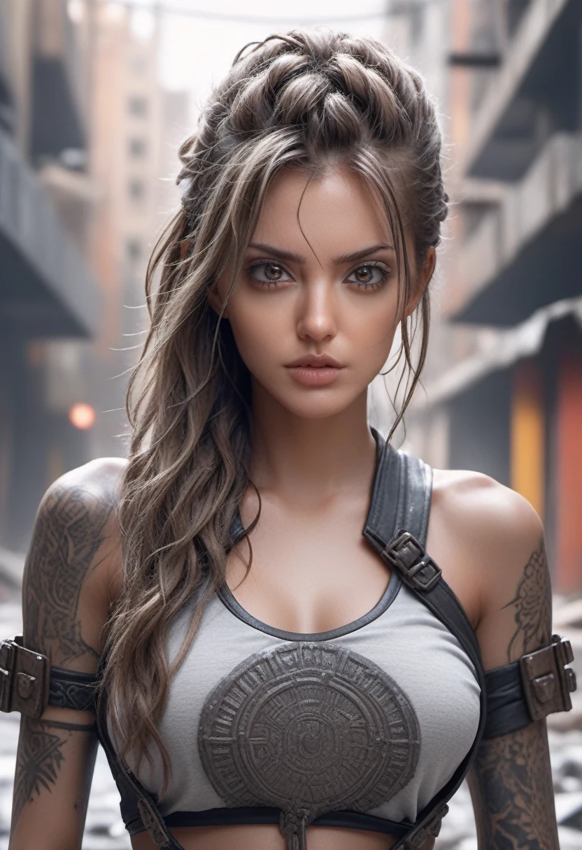 a hyper realistic ultra detailed photograph of a futuristic beautiful barbarian woman wearing sunglasses at a dystopian city, tattered outfit with rusty metal armor plates, long wild hair, tattooed hands and body, fashion pose, detailed symmetric beautiful hazel eyes, detailed gorgeous face, apocalyptic environment, exquisite detail, 30-megapixel, 4k, Canon EOS 5D Mark IV DSLR, 85mm lens, sharp focus, intricately detailed, long exposure time, f/8, ISO 100, shutter speed 1/125, diffuse back lighting, award winning photograph, facing camera, looking into camera, monovisions, perfect contrast, High sharpness, facial symmetry, depth of field, ultra-detailed photography, raytraced, global illumination, TanvirTamim, smooth, ultra high definition, 8k, unreal engine 5, ultra sharp focus, award-winning photograph, trending on artstation