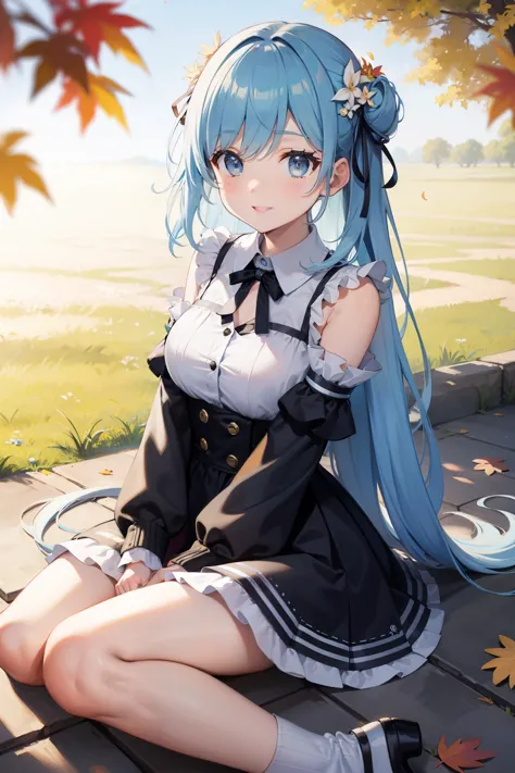 park of autumn leaves　the sun goes down　pretty girl　light blue long hair　a charming smile　cute costumes　facing the front