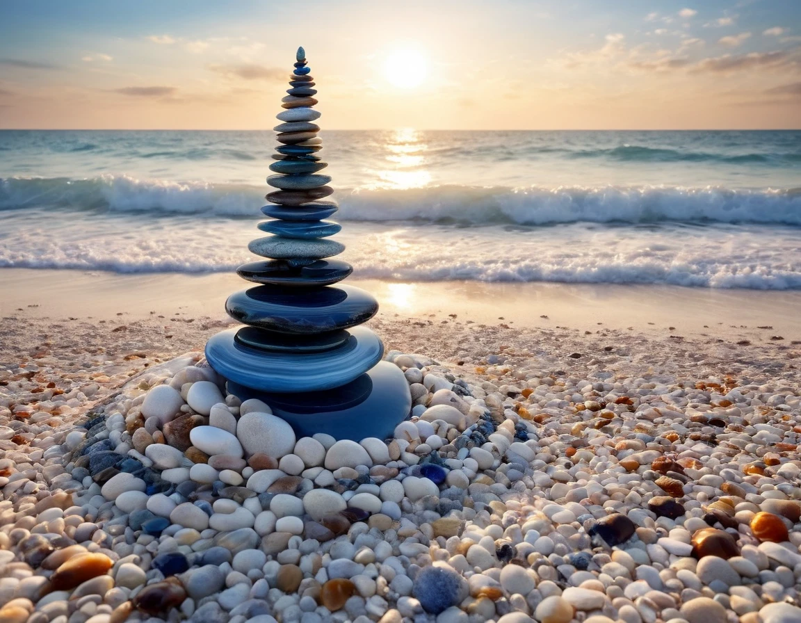 Close-up of a majestic beachscape on white sand, a meticulously constructed tower of pebbles, adorned with minerals and agates, crowned by an indigo-hued agate, a single wave crests with foam and sun glare in frame,  shells,  casting sharp, crisp shadows, octane rendering, nominated for 35awards, sharp shadows, vivid colors, ultra realistic., unusual beauty, cinematic. 32k, ultra-clear, digital render High Resolution, High Quality, Masterpiece