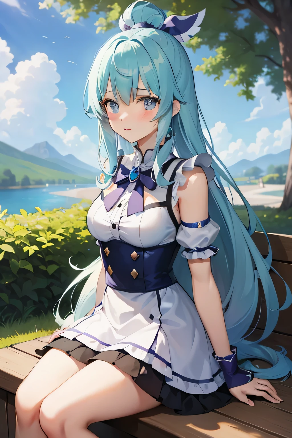 ​masterpiece, top-quality, Princess_aqua_Konosuba, White and purple dress, blue eyes, blue hairs, standingn, (borgar: 1.1), ​​clouds, and yellow ginkgo trees