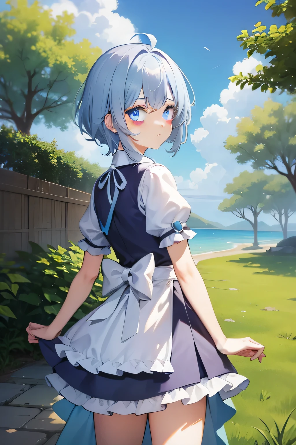 ​masterpiece, top-quality, Princess_aqua_Konosuba, White and purple dress, blue eyes, blue hairs, standingn, (borgar: 1.1), ​​clouds, and yellow ginkgo trees