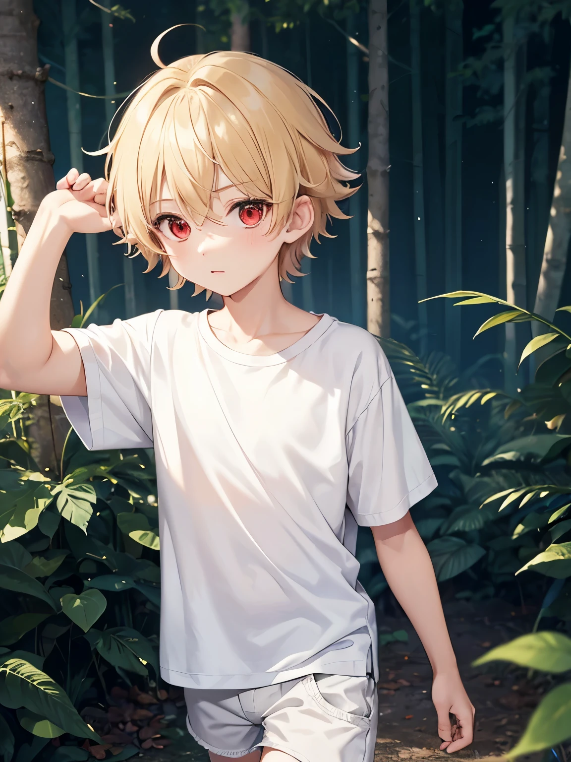 Anime boy with blonde hair and red eyes walking in the woods - SeaArt AI