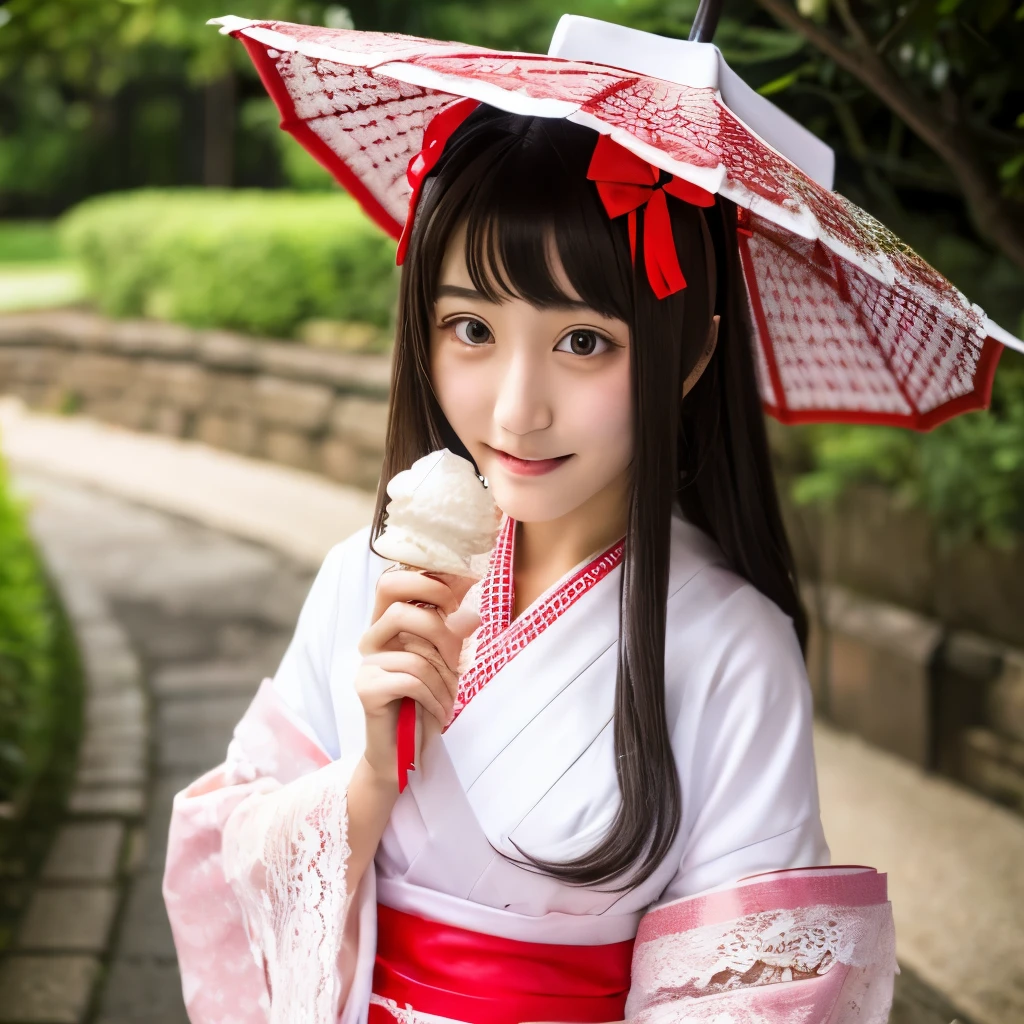 There is a woman in a kimono holding an ice cream cone - SeaArt AI