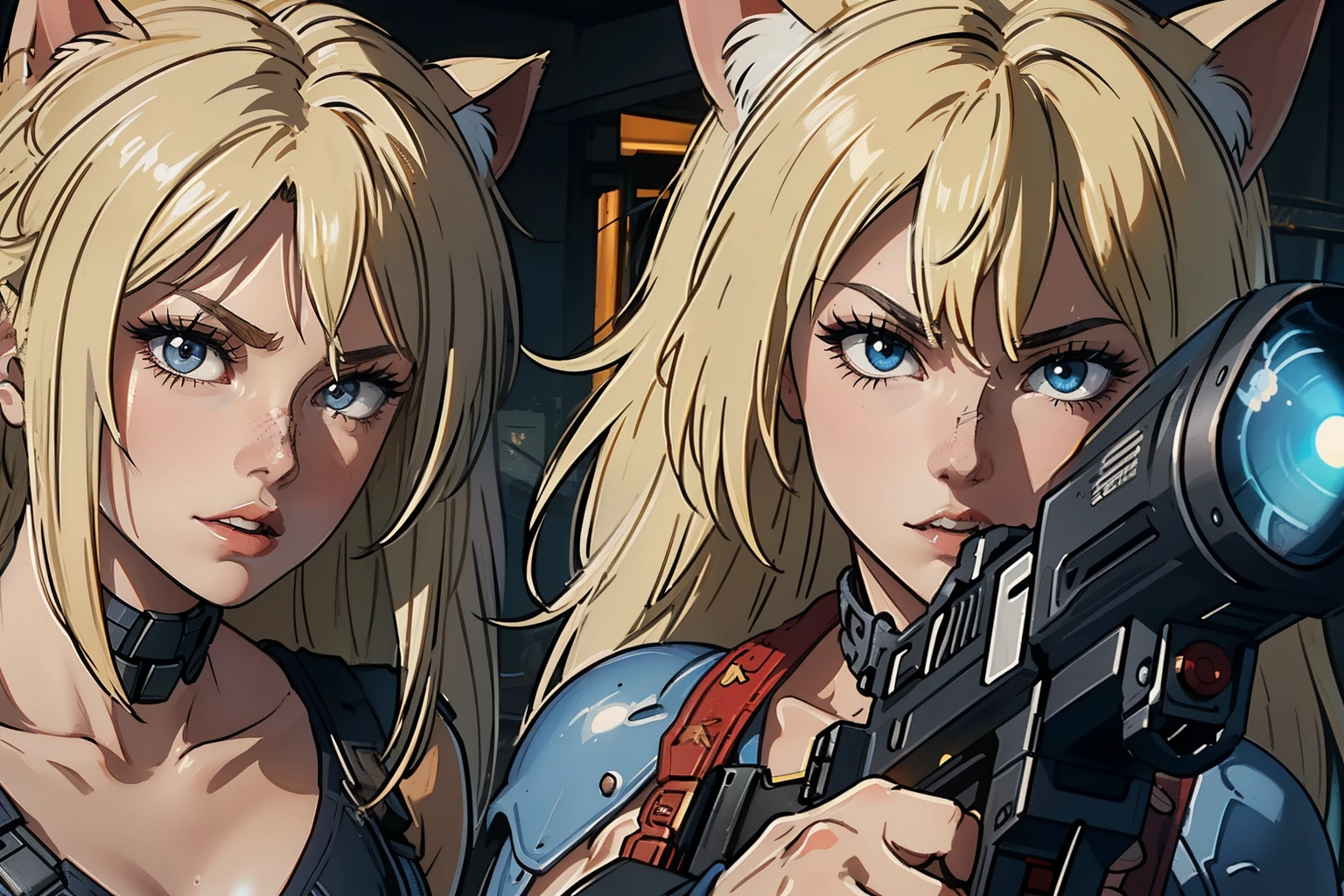 ((highest quality)), ((masterpiece)), (be familiar with), (High definition), 8K, Perfect Face、2Women、Two blonde women with cat ears、((Action Scenes), ((Gunfight:1.4))、(Shooting a gun, Holding a gun), (In an abandoned house)、tall、2 Blonde cat ears、2. Long Hair、2. Volumetric hair style、Large Breasts、Narrow waist、Big Ass、glamorous、Alluring、Bikini Protector、Armor、combat suit、Combat Boots、Cinematic、Best Shadow、Side lighting、NEO TOKYO、explosion、Cyborg Soldier、(Bust Shot)、((Close-up of face))、Scout Drone