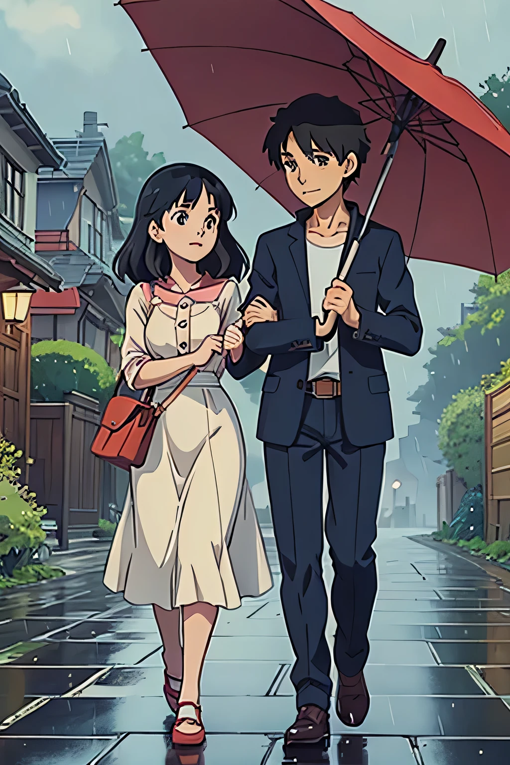 Classic romantic scenes with originality, protagonists sharing an umbrella on a rainy day, exchanging love letters, in high quality comic anime manga style, Ghibli Anime style, hand-drawn.