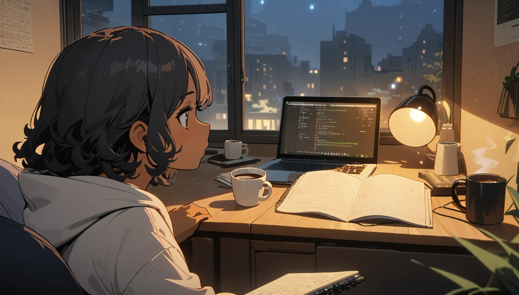 Lofi, Man, Dark skin, Black curly hair, Comfy, Notebook, Coding, Hacking, Study, Coffe, Night, Relax, Room, HD, High Resolution, Masterpiece, 4K