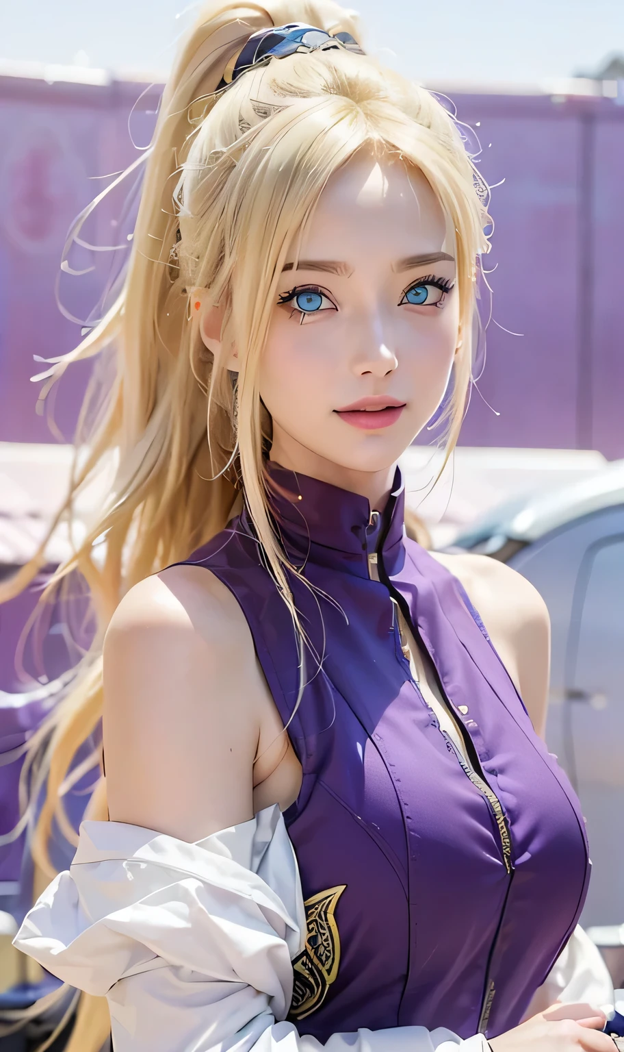 (best quality, ultra-detailed, realistic:1.37), long, flowing yellow hair, beautiful, sparkling blue eyes, captivating smile, wearing a vibrant purple outfit, intricate details on the clothes, bustling city background with tall buildings and bright lights, a single female figure, Ino from the anime "Naruto Shippuden".