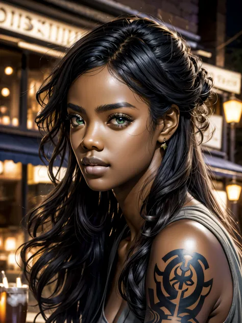 Curly black hair, vibrant green eyes, light Brown skin, soft skin, portrait, rocker clothes, metalhead clothes, pub scene, tatto...