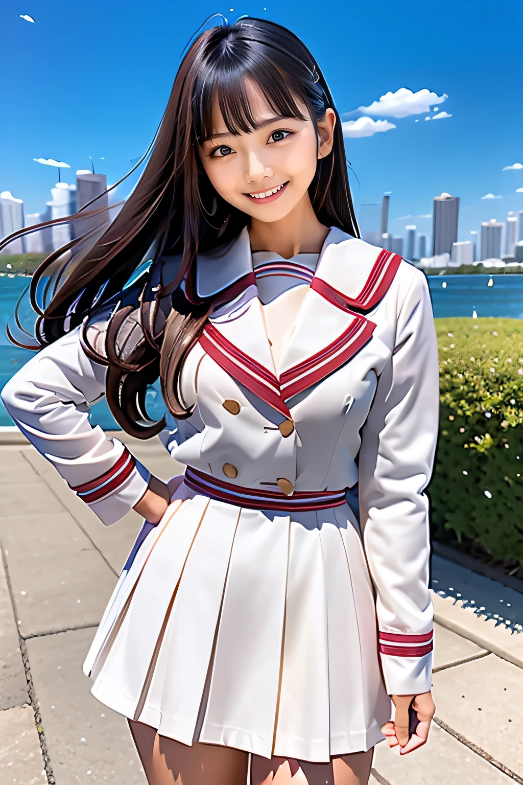 Arabian asian woman in uniform standing on pier, seifuku, loose coat collar Sailor suit, wearing japanese , japanese , Japanese girls uniform, JK Uniform, iwakura lain, Sailor suit, Another close-up of Iwakura, Wearing uniform, Girl in uniform, wearing , rumiko