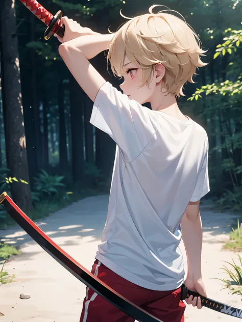 1 boy,guy,5 years old,holding a katana, slashing with a sword, looking away, photo from behind,short blonde hair,cool,messy hair...