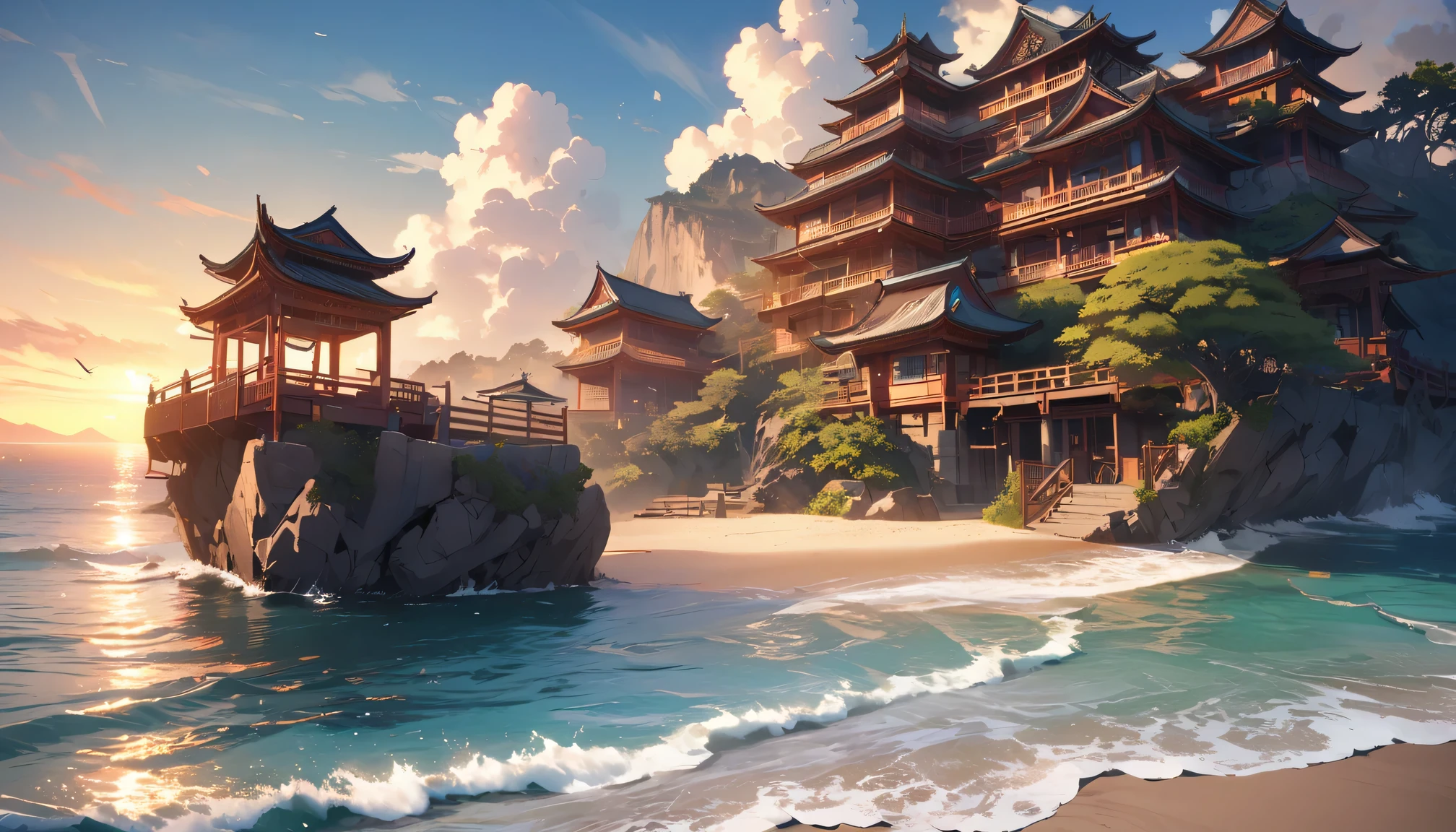 Best quality，4k，masterpiece，Beautiful blue coast landscape，Traditional Chinese wooden buildings near the beach，ornate carvings，Exquisite lattice windows，Peaceful atmosphere，Tranquil sea breeze，Sunlight，plant，Vibrant colors，Natural and architectural，A fusion of traditional and modern elements，Golden sand，Peaceful beach，natural beauty，Timeless elegance，Unique charm