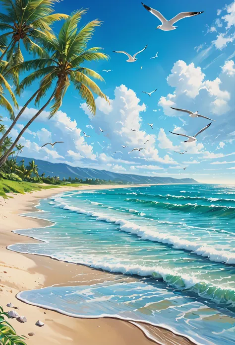 sand beach,crystal clear water,seagulls flying,gentle waves,beautiful sunny day,coastal landscape,ocean breeze,relaxing atmosphere,seashells scattered on the beach,cool shades of blue and turquoise,sparkling reflections on the water,sunlight shimmering on ...