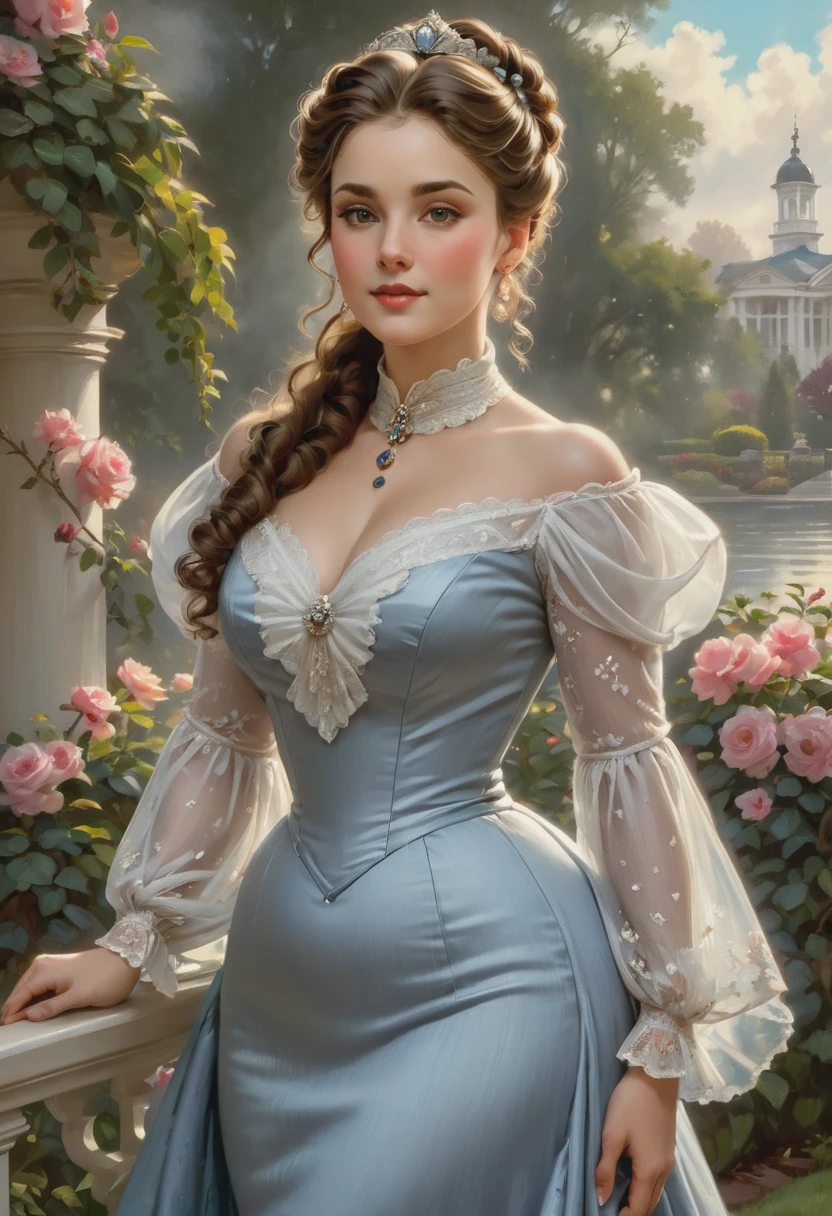 A beautiful Aristacrat woman with large elegant, hawk-like-nose, who embodies old fashioned class, sophistication, elgance as well as wholesome, natural beauty. curvy, thin-waist, wide-hips, swaying-hips. Oppulent historically accurate victorian dress. Greg Rutkowski, Thomas Kinkade
