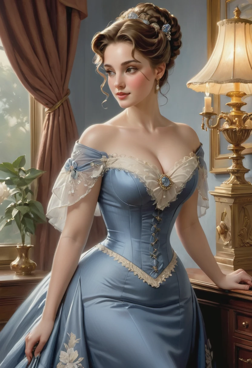 A beautiful Aristacrat woman with large elegant, hawk-like-nose, who embodies old fashioned class, sophistication, elgance as well as wholesome, natural beauty. curvy, thin-waist, wide-hips, swaying-hips. Oppulent historically accurate victorian dress. Greg Rutkowski, Thomas Kinkade
