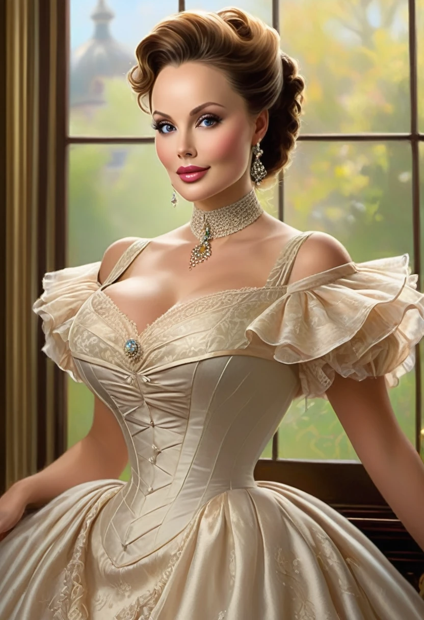 A beautiful Aristacrat woman with large elegant, hawk-like-nose, who embodies old fashioned class, sophistication, elgance as well as wholesome, natural beauty. curvy, thin-waist, wide-hips, swaying-hips. Laura Vandervoort. Oppulent historically accurate victorian dress. Greg Rutkowski, Thomas Kinkade
