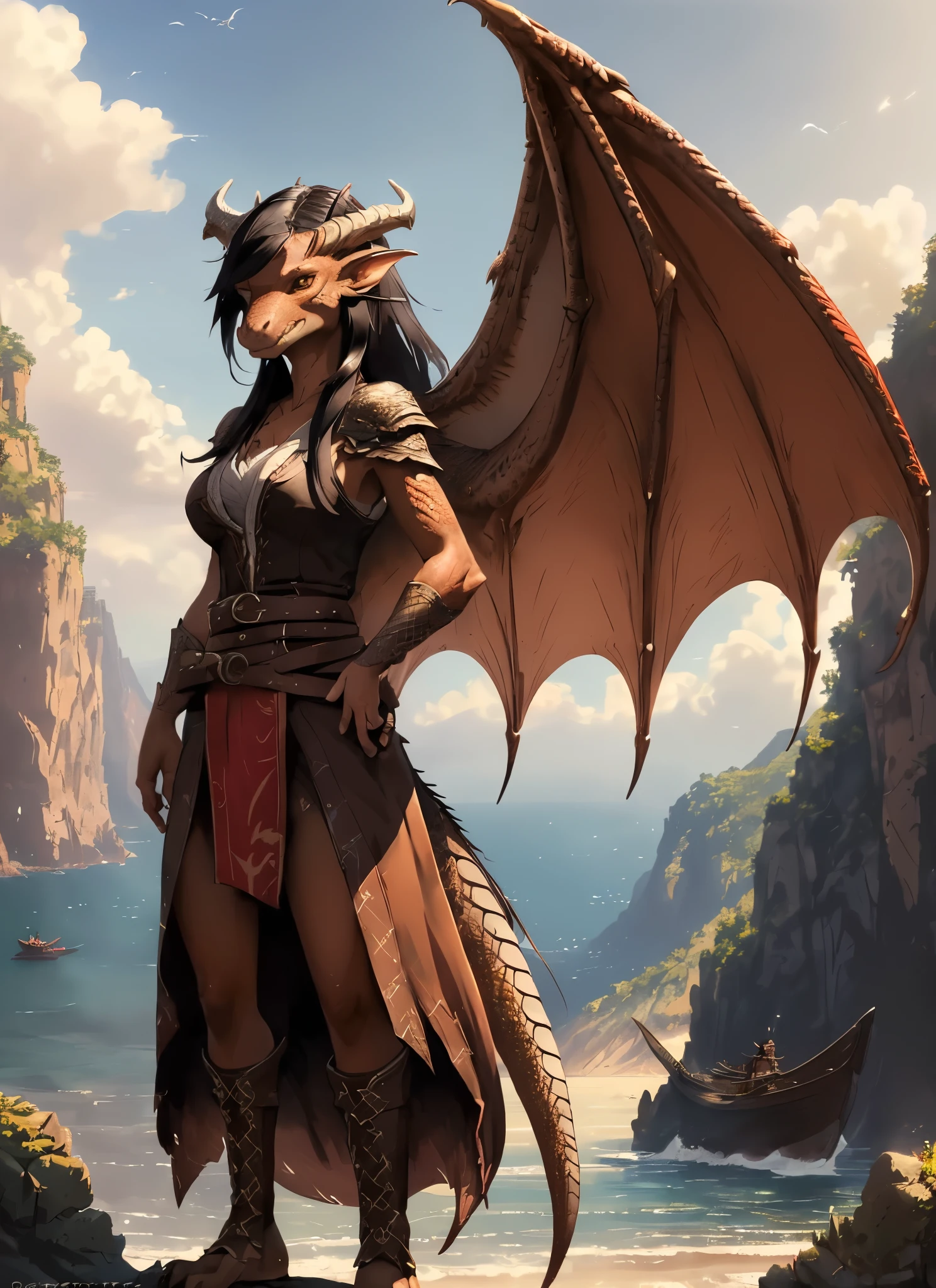 A woman in a brown outfit standing on a cliff with a dragon - SeaArt AI