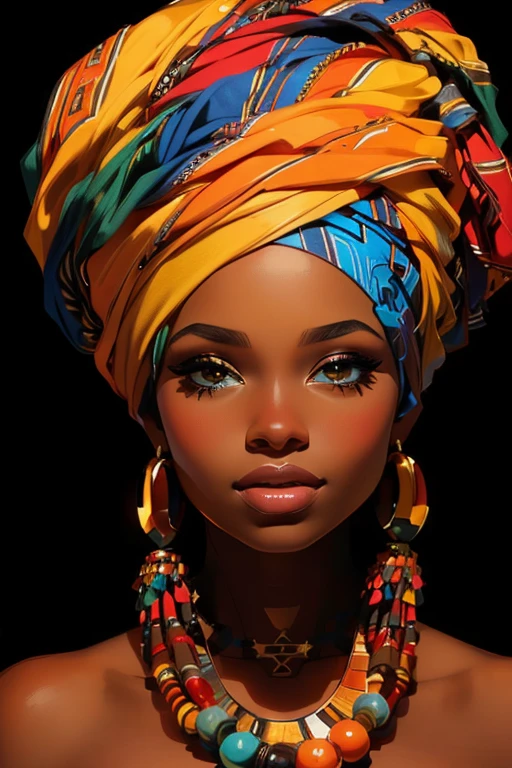 a woman with a colorful turban and a necklace, african queen, black african princess, african woman, black woman, stunning african princess, african princess, african american woman, black art, gorgeous woman, african, young black woman, beautiful portrait, traditional beauty, photo of a black woman, black young woman, stunning portrait, beautiful artwork, black girl, high quality portrait